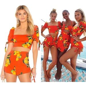 REVOLVE‎ X PRIVACY PLEASE Citrus Print Linen Square Neck Puff Sleeve Crop Top XS